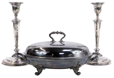 Lot 261 - A pair of 19thC silver plated candlesticks,...