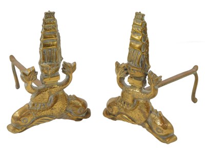 Lot 166 - A pair of 19thC Dutch brass fire andirons,...