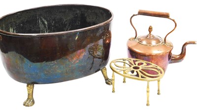 Lot 349 - A Victorian oval copper jardiniere, raised on...