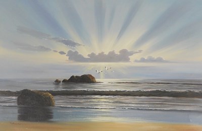 Lot 268 - E Brooke (late 20thC). Coastal seascape at...