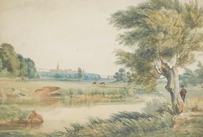 Lot 294 - 19thC School. Lake and cattle scene with...