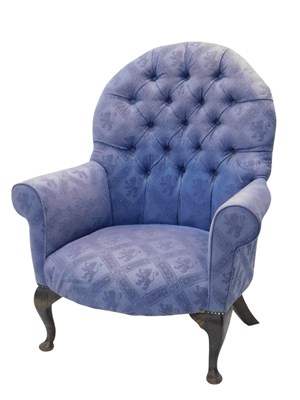 Lot 377 - An early 20thC armchair, reupholstered in blue...
