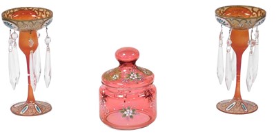 Lot 332 - A pair of late 19thC frosted red glass lustres,...