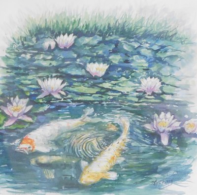 Lot 371 - Peter Wood (1951-1999). Fish and lilies,...