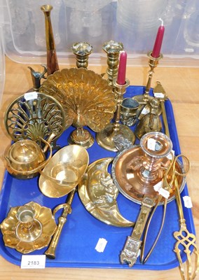 Lot 2183 - A group of brassware, to include chamber stick,...