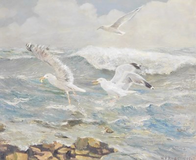 Lot 381 - W F Burton (20thC). Sea Gulls On Stormy Seas,...
