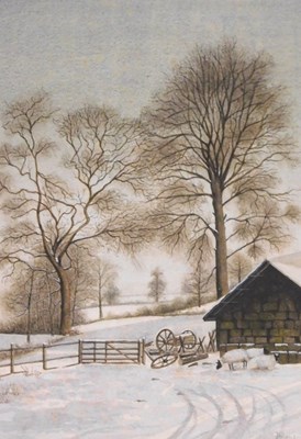 Lot 403 - 20thC English School. Winter landscape, sheep...