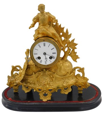 Lot 61 - A 19thC French gilt metal mantel clock, the...