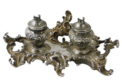 Lot 87 - A 19thC French silver ink stand, cast overall...