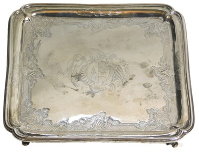 Lot 8 - A George II silver square salver, engraved...