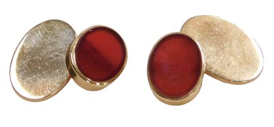 Lot 431 - A pair of 9ct gold and carnelian oval and...