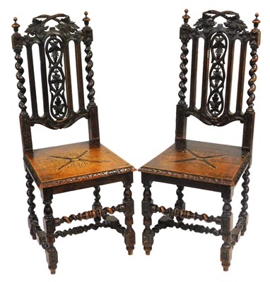 Lot 514 - A pair of Victorian oak hall chairs, with leaf...
