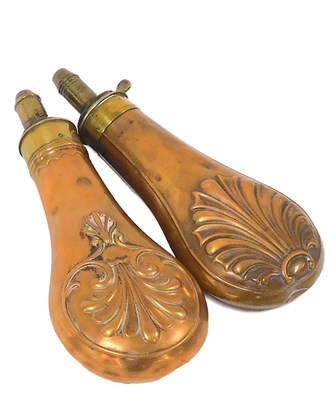 Lot 415 - A pair of 19thC copper and brass shot flasks...