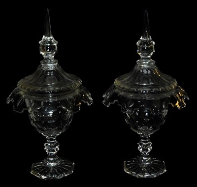 Lot 43 - A pair of 19thC cut glass sweetmeat jars and...