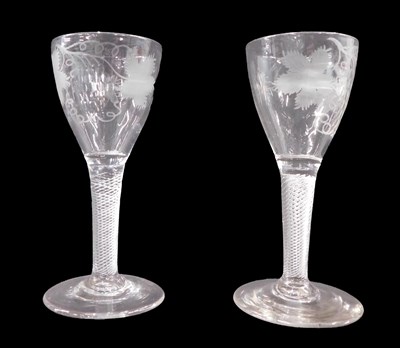Lot 1215 - A pair of 18thC wine glasses, with funnel...