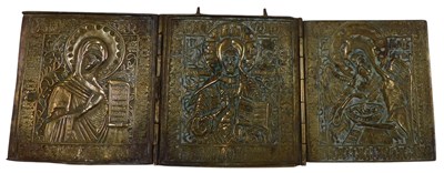 Lot 303 - A 19thC Russian icon, depicting three...