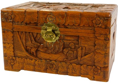Lot 164 - A Chinese carved wooden casket, decorated with...