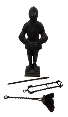 Lot 1192 - A bronzed cast iron fire side companion set,...