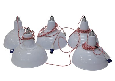 Lot 1195 - A set of five white industrial lights, with...