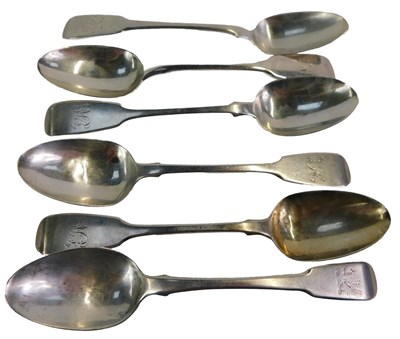 Lot 276 - Six silver fiddle pattern teaspoons, each...