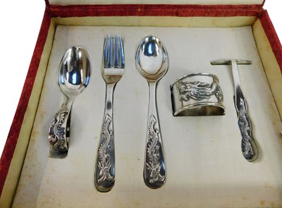 Lot 21 - A Chinese white metal child's set, comprising...