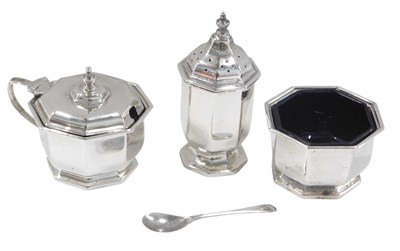 Lot 1311 - A George VI silver three piece cruet, of...
