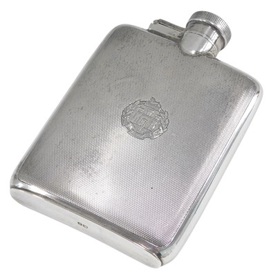Lot 1315 - A George V engine turned silver hip flask,...