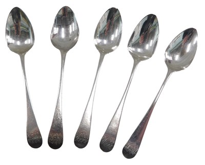 Lot 1327 - A set of five George III silver teaspoons, by...