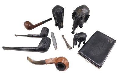 Lot 1341 - A briarwood pipe, an ebonised pipe, stamped...