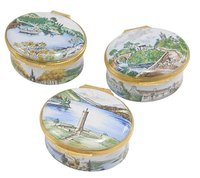 Lot 1345 - Three Crummles enamel oval pill boxes, for...