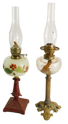 Lot 1412 - A Victorian brass and glass oil lamp, and...