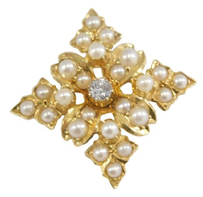 Lot 1008 - A seed pearl and diamond brooch, in a square...