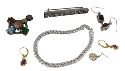 Lot 1032 - A pair of 14ct gold and amethyst drop flower...