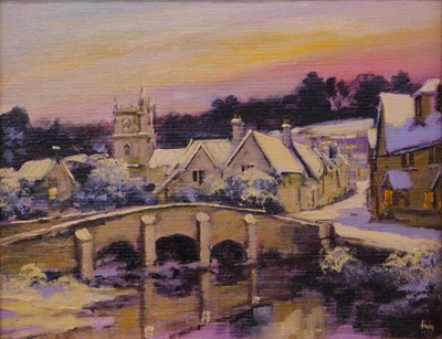 Lot 39 - Alan King (1946-2013). Castle Coombe in Winter...