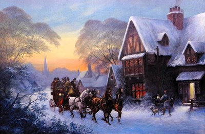 Lot 43 - John Worsdale (1930-2008). Winter tavern scene,...