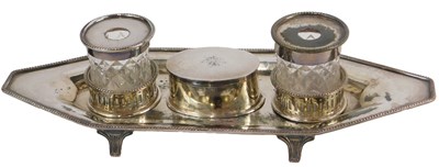 Lot 157 - A silver plated desk stand, of boat shape,...
