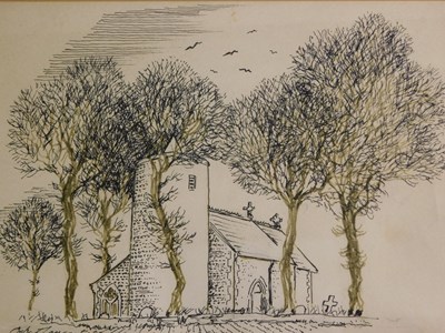 Lot 600 - Robert Lancaster. Church, ink drawing,...