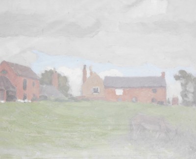 Lot 601 - 20thC School. Farm buildings with donkey, oil...