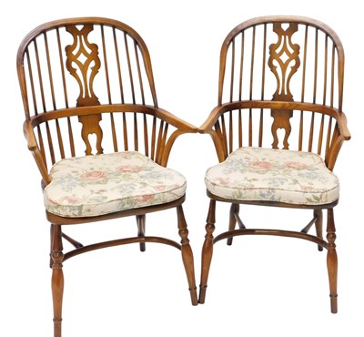 Lot 1566 - A pair of ash and elm Windsor armchairs, each...