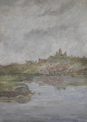 Lot 587 - J.B. Coastal scene with town, oil on board,...