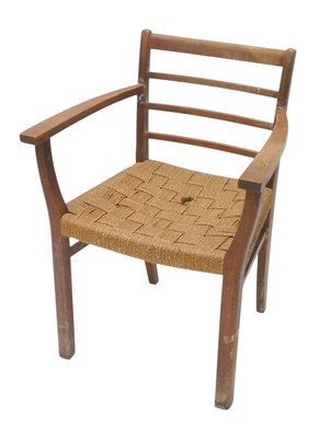 Lot 1560 - A lined oak open armchair, with a ladder back,...