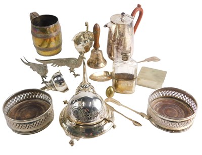 Lot 421 - Two similar silver plated wine funnels, a hip...