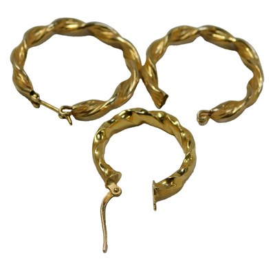 Lot 97 - Three hoop earrings, two hallmarked 9ct, 9g,...