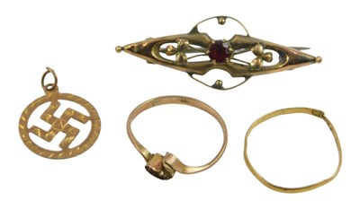Lot 233 - A wedding band, yellow metal, pendant, stamped...
