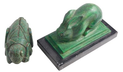 Lot 829 - Taviani, crouching rabbits, green patinated...
