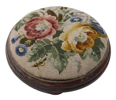 Lot 874 - A mahogany foot stool, with a floral woolwork...