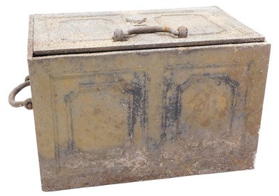 Lot 875 - A 19thC iron strong box, with panelled top,...
