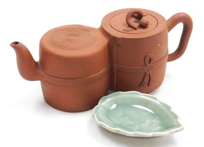 Lot 26 - A Yixing terracotta double teapot, with a leaf...