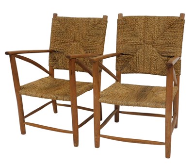 Lot 573 - A pair of 20thC beech framed open armchairs,...