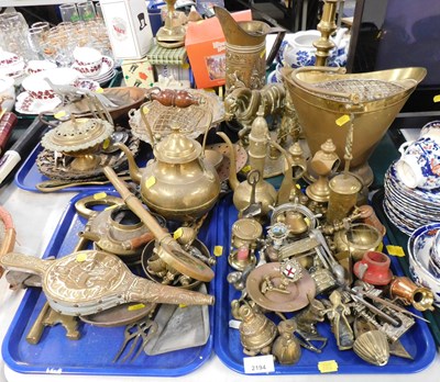 Lot 2194 - Brassware, including bellows, fire bucket, a...